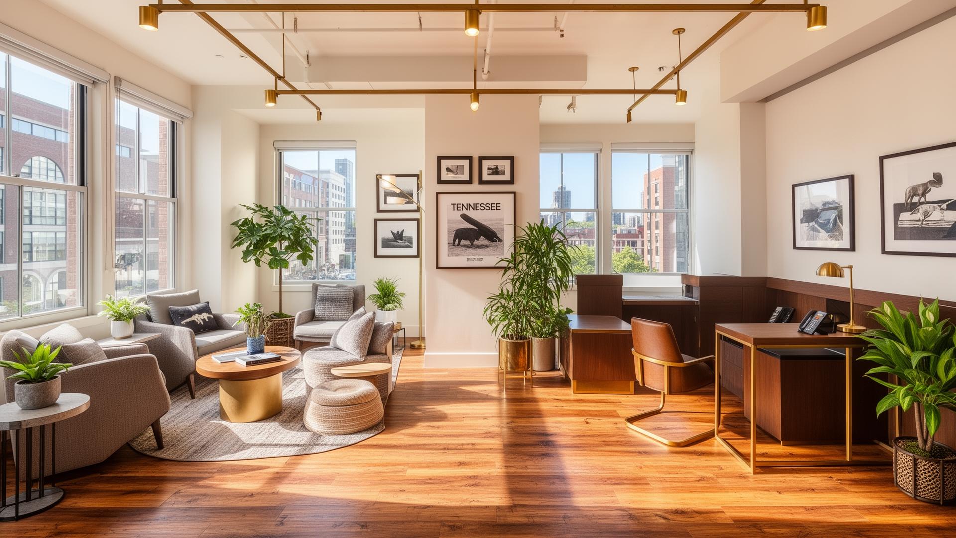 Modern Nashville advisory office on West End Avenue, naturally lit with warm wood and brass