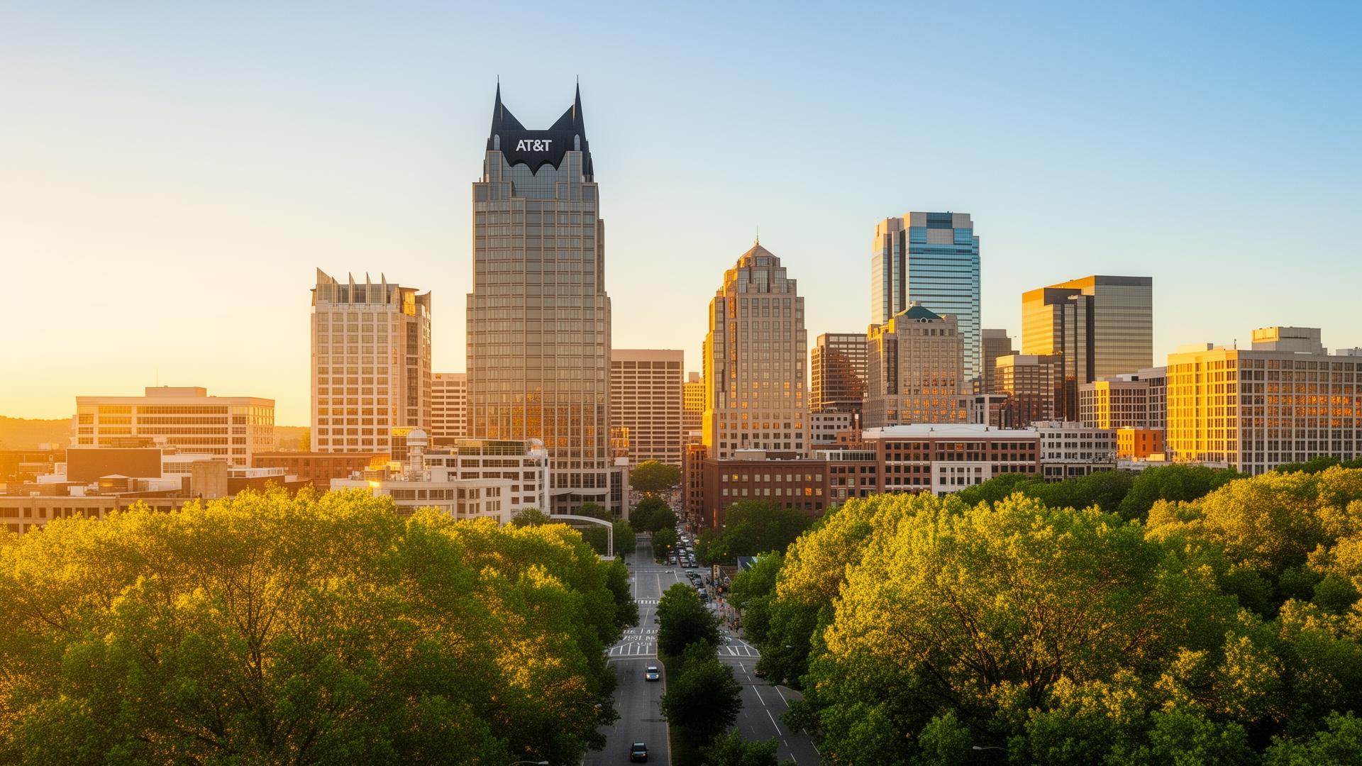 Modern Nashville skyline at golden hour with downtown high-rises and the AT&T tower